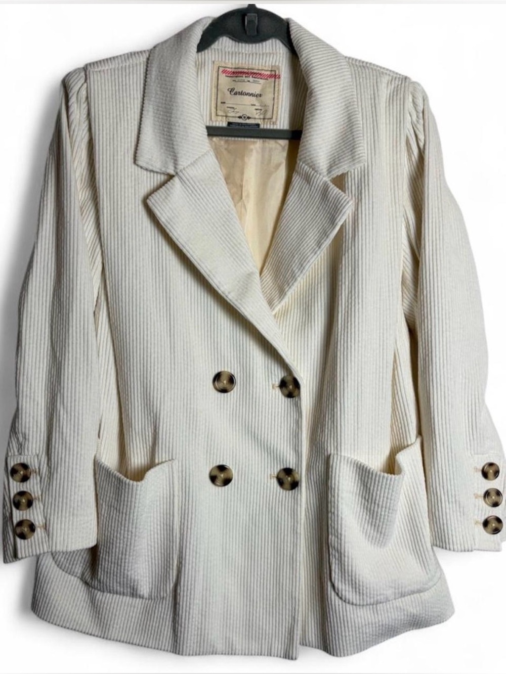 Cartonnier Anthropologie Cream Corduroy Double Breasted Blazer Jacket
